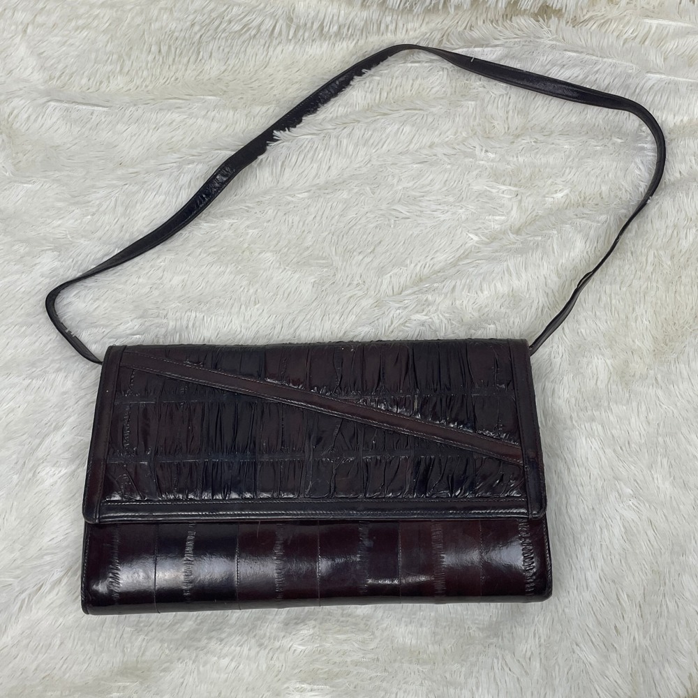 Vintage Genuine Eel‎ Skin Purse Made In Korea Brown Removable Shoulder Strap